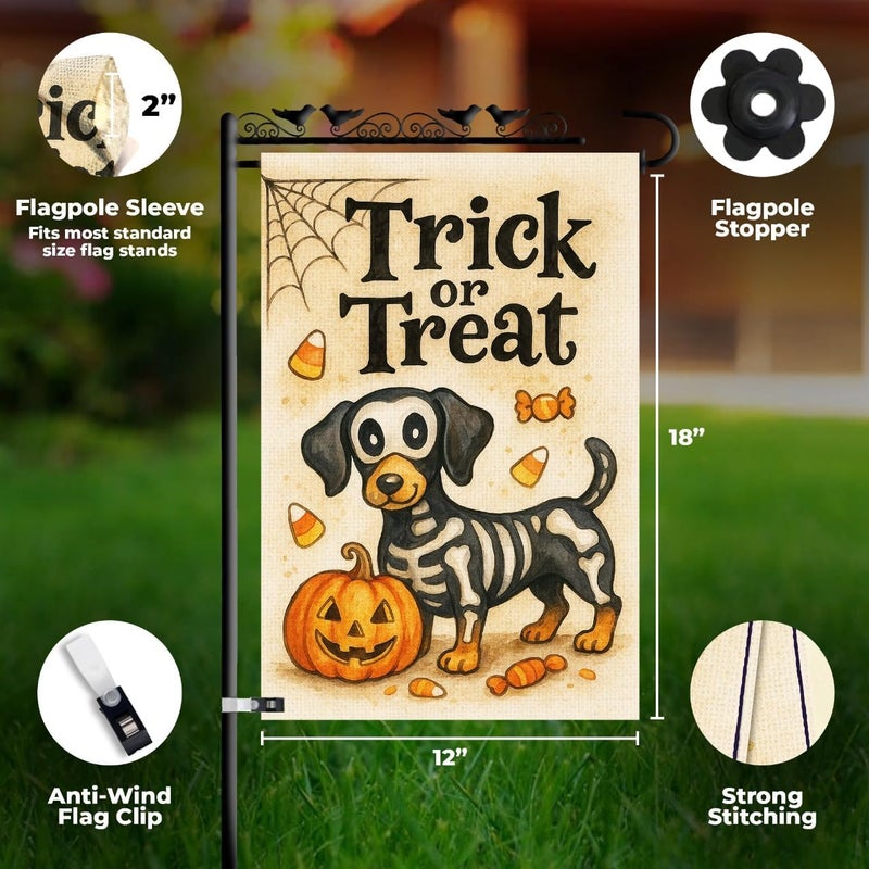 KarvePro Skeleton Dachshund Dog Halloween Garden Flag – Trick or Treat Pumpkin Yard Flag 12x18, Double Sided Burlap Outdoor Decoration - Image 3